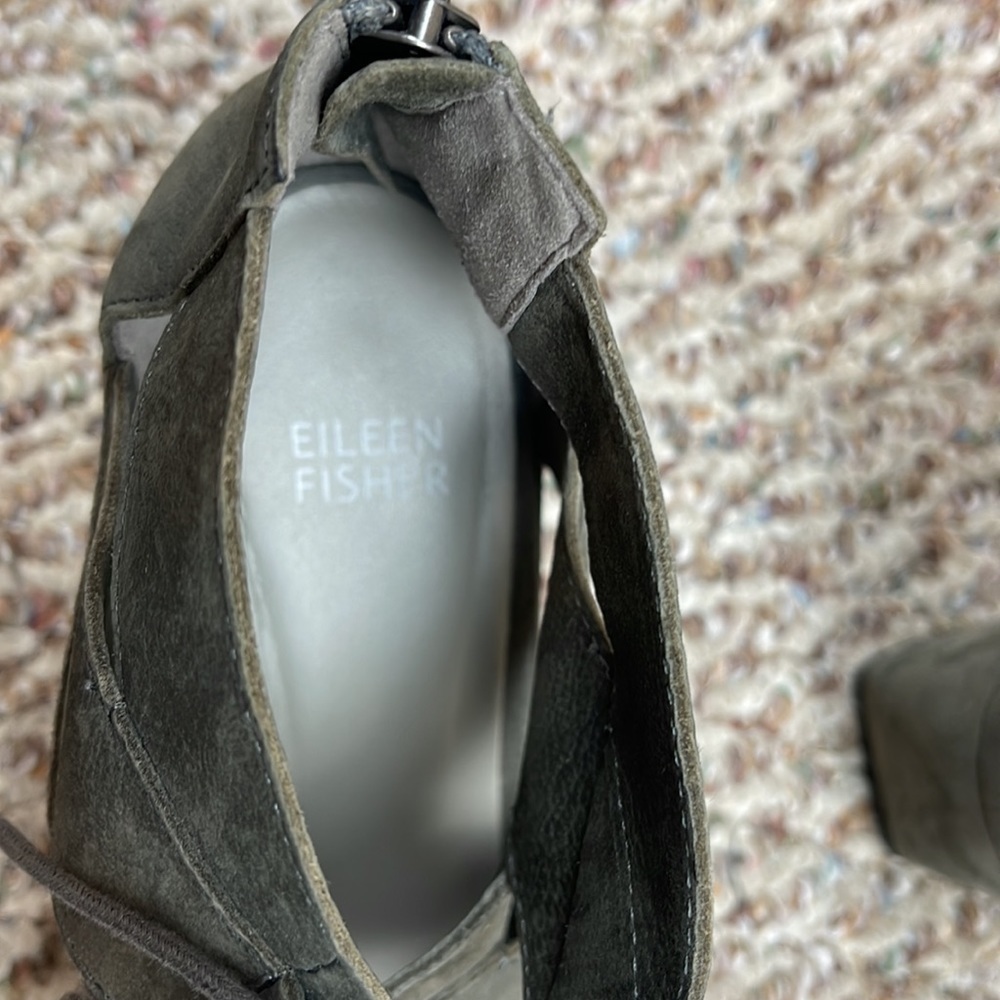 EILEEN FISHER DIBS GREY SUEDE LEATHER LACE-UP WEDGE SANDALS - Picture 7 of 9